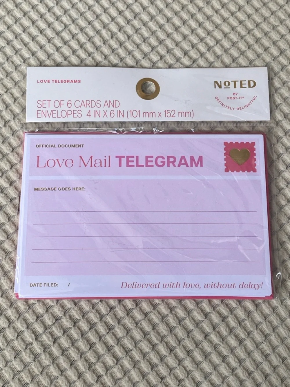 Noted by Post-it Pink Love Mail Telegram Cards - Set of 6